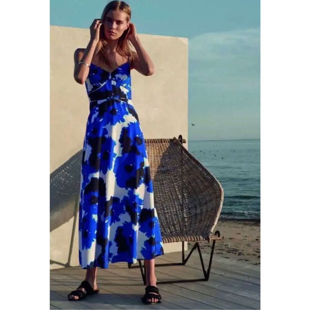 Banana Republic Dress Maxi Long Blue White Floral Spagetti Strap Size 2 Panelled